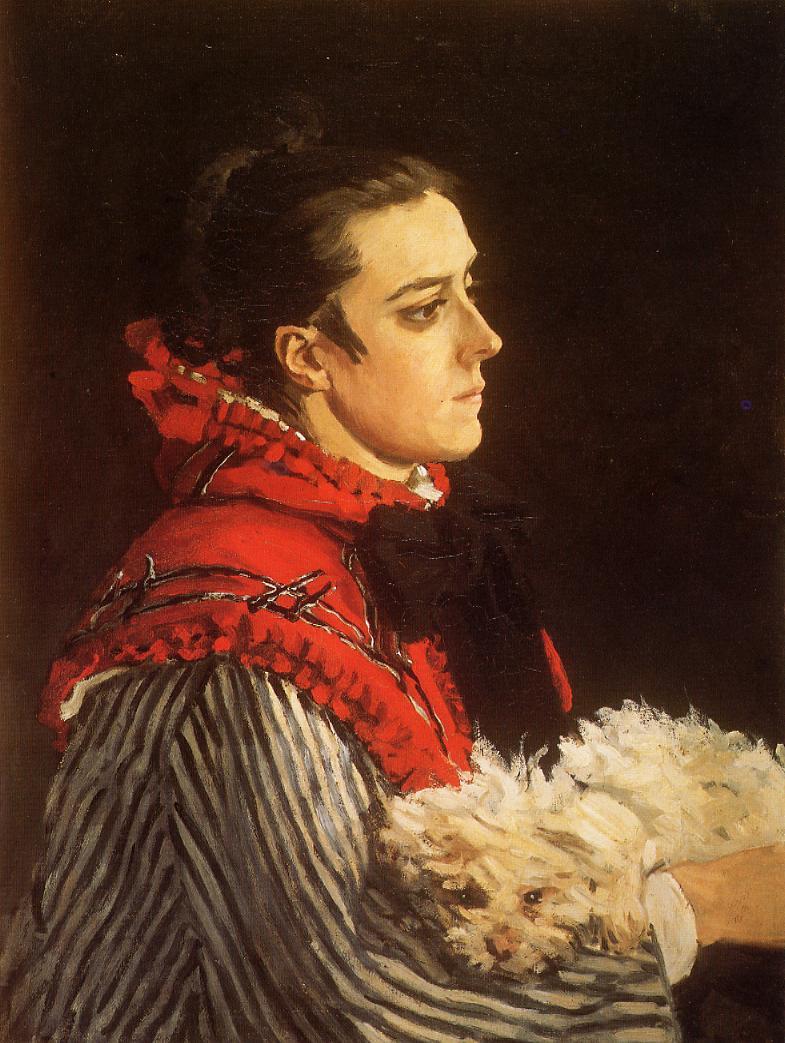 Claude Monet’s “Camille with a Small Dog” shows Camille Doncieux in profile against a dark background, wearing a striped dress with vivid red trim and holding a small white dog in her arms.