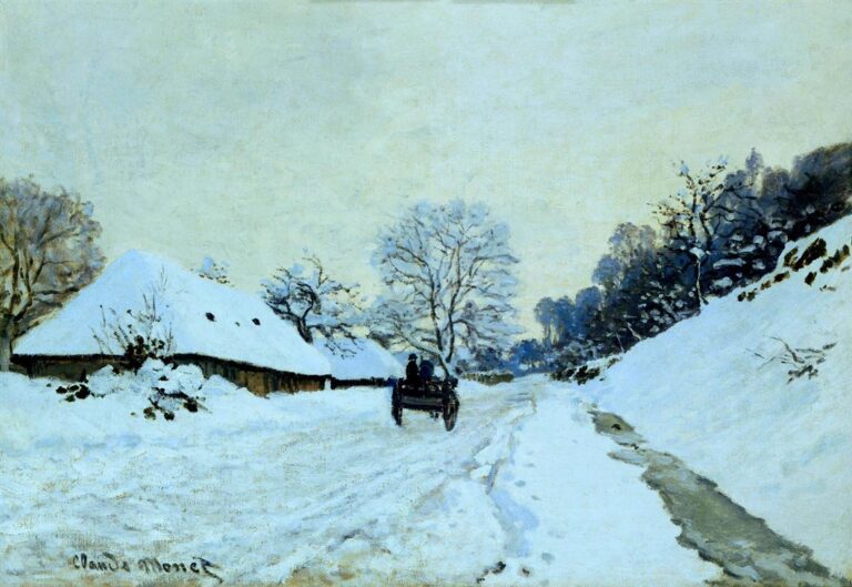 Claude Monet’s “Cart on the Snow Covered Road with Saint-Simeon Farm” shows a quiet winter road blanketed in snow, a horse-drawn cart in the center, a farmhouse on the left, and bare trees beneath a pale cold sky.