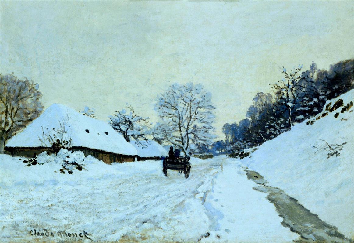 Claude Monet’s “Cart on the Snow Covered Road with Saint-Simeon Farm” shows a quiet winter road blanketed in snow, a horse-drawn cart in the center, a farmhouse on the left, and bare trees beneath a pale cold sky.