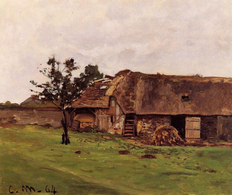 Claude Monet’s “Farm near Honfleur” depicts a rustic Norman farm with weathered thatched buildings, a lone dark tree, a muted green field, and a pale overcast sky rendered in soft earthy tones.