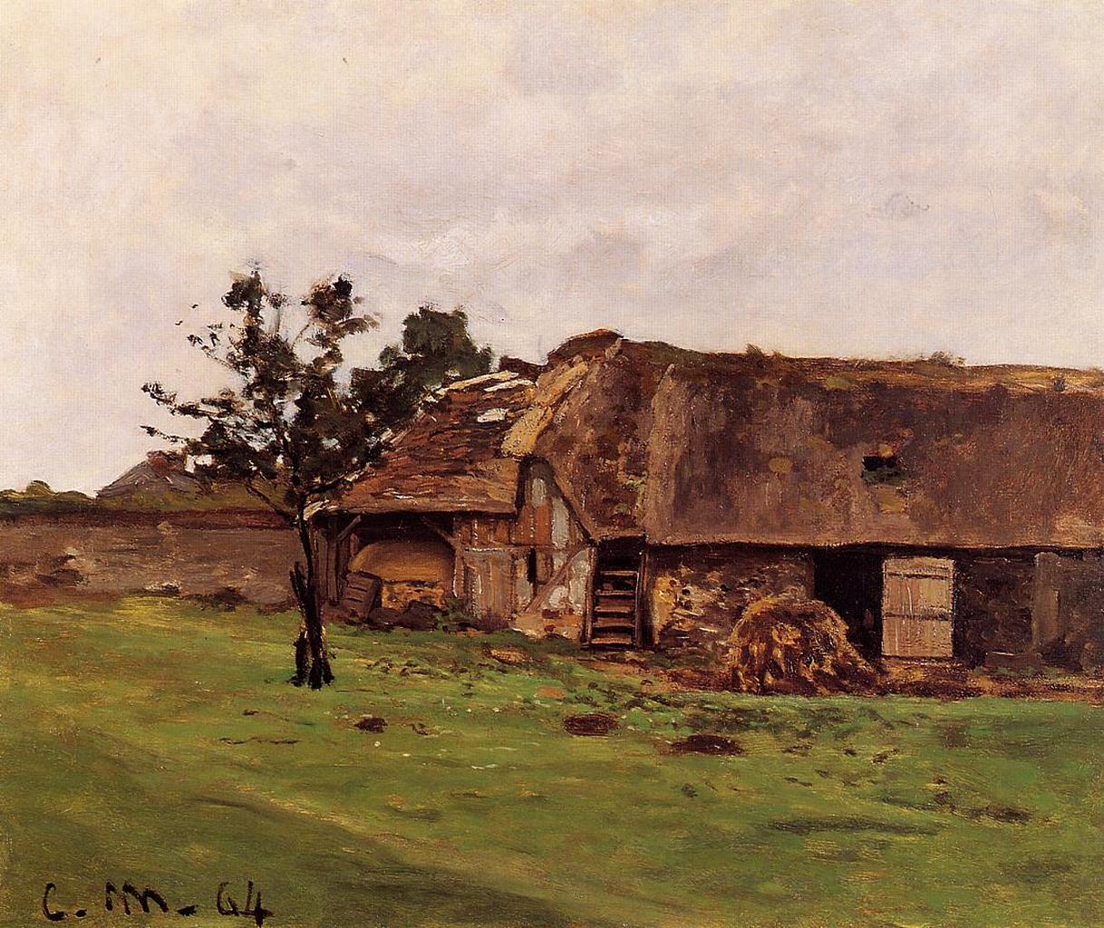 Claude Monet’s “Farm near Honfleur” depicts a rustic Norman farm with weathered thatched buildings, a lone dark tree, a muted green field, and a pale overcast sky rendered in soft earthy tones.