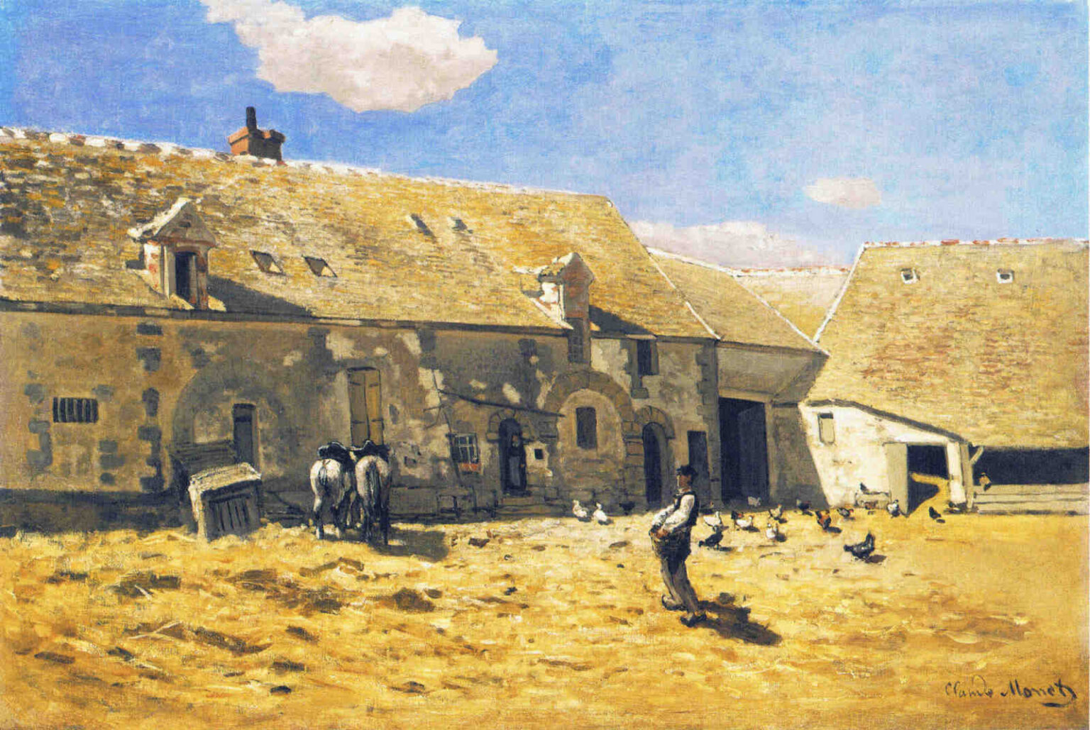 Claude Monet’s “Farmyard at Chailly” shows a sunlit rural farmyard with large weathered buildings, glowing straw colored roofs, two horses, scattered chickens, a standing figure, and a bright blue sky with soft clouds.