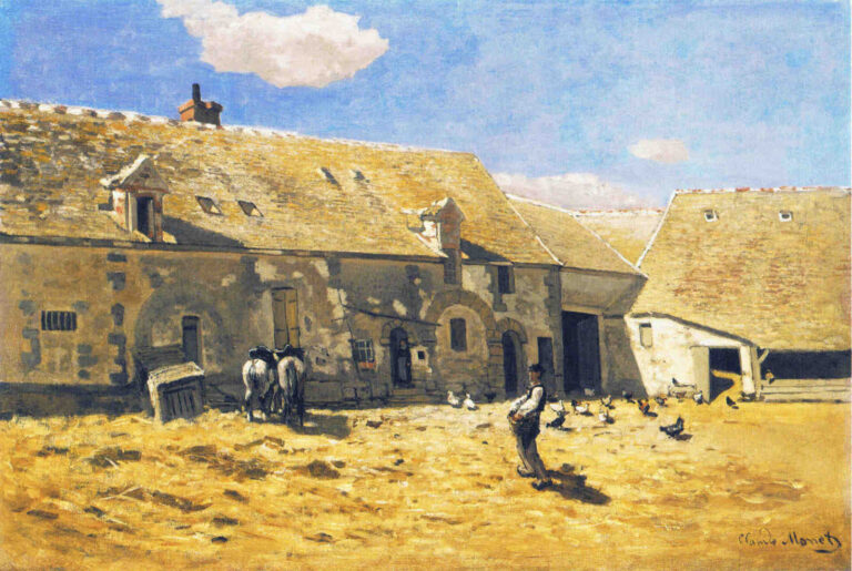 Claude Monet’s “Farmyard at Chailly” shows a sunlit rural farmyard with large weathered buildings, glowing straw colored roofs, two horses, scattered chickens, a standing figure, and a bright blue sky with soft clouds.