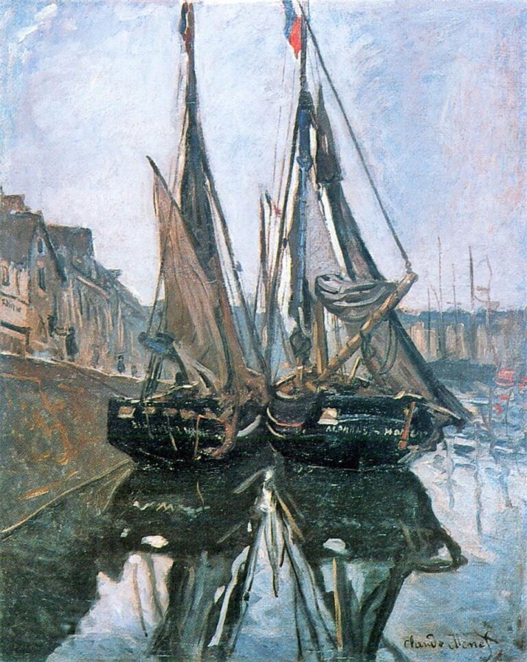 Claude Monet’s “Fishing Boats at Honfleur” shows two dark fishing boats moored in calm harbor water, their tall masts and muted sails reflected in the still surface, with the quay and distant vessels fading into a cool, hazy atmosphere.
