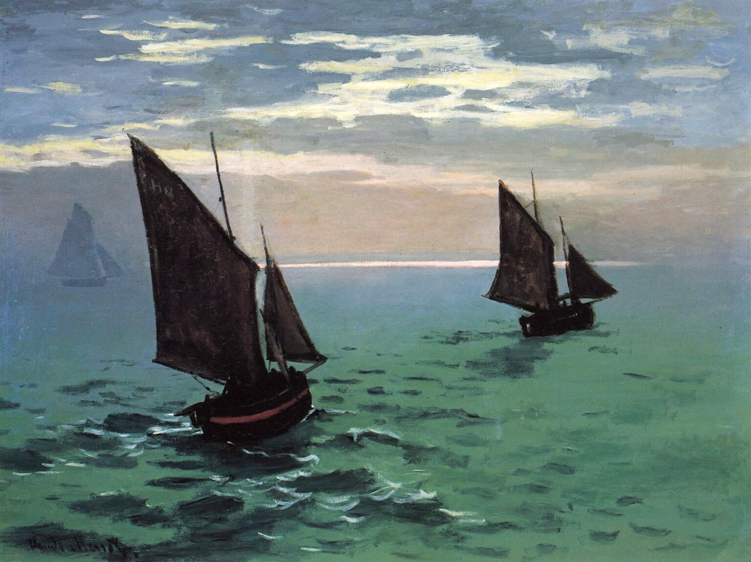 Claude Monet’s 1868 painting “Fishing Boats at Sea,” showing three dark sailed fishing boats moving across pale green water beneath a softly clouded sky with a glowing horizon.