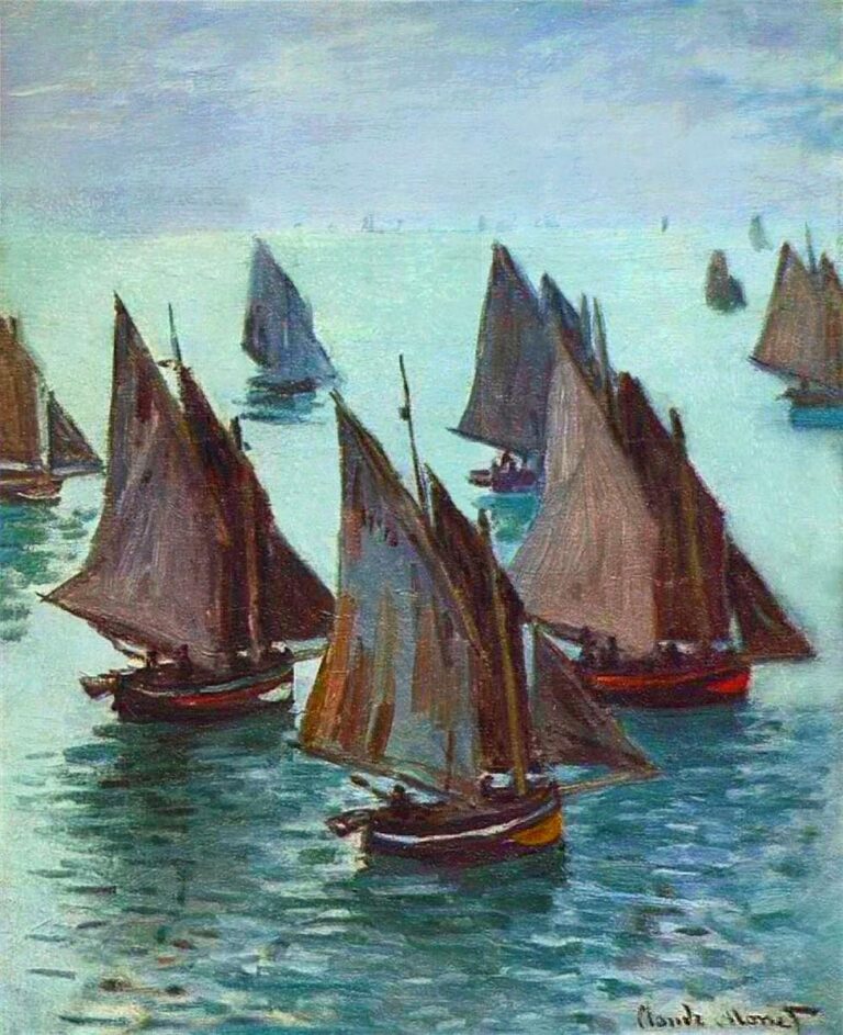 Claude Monet’s “Fishing Boats, Calm Sea” shows several dark sailed fishing boats resting on pale blue green water beneath a soft hazy sky, with gentle reflections and a quiet coastal atmosphere.