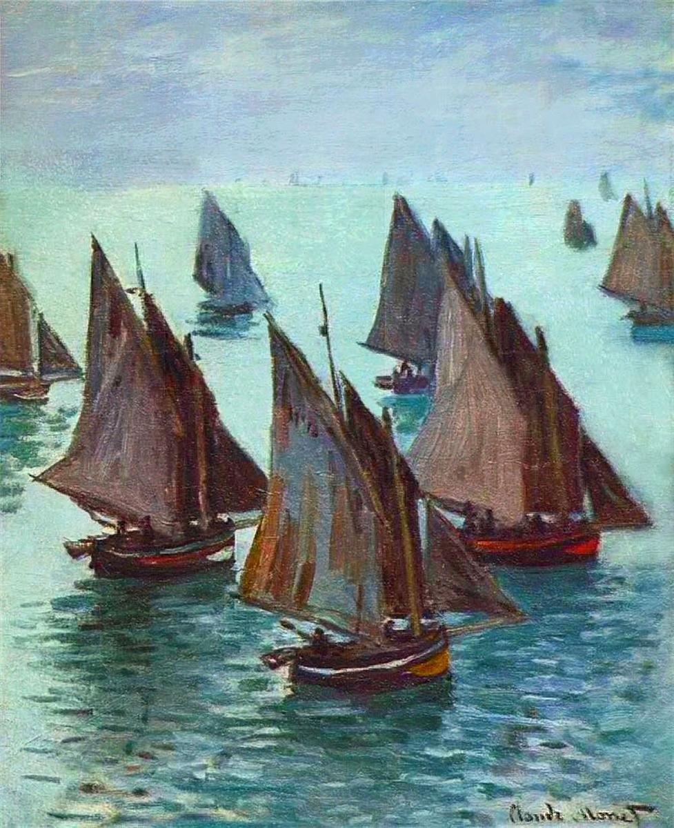 Claude Monet’s “Fishing Boats, Calm Sea” shows several dark sailed fishing boats resting on pale blue green water beneath a soft hazy sky, with gentle reflections and a quiet coastal atmosphere.