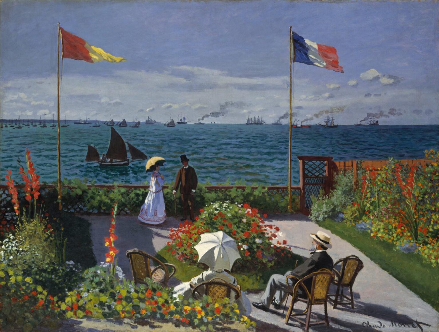 Claude Monet’s 1867 painting “Garden at Sainte-Adresse,” showing a flower filled seaside terrace with elegant figures, flags blowing in the wind, and boats scattered across a bright blue sea.