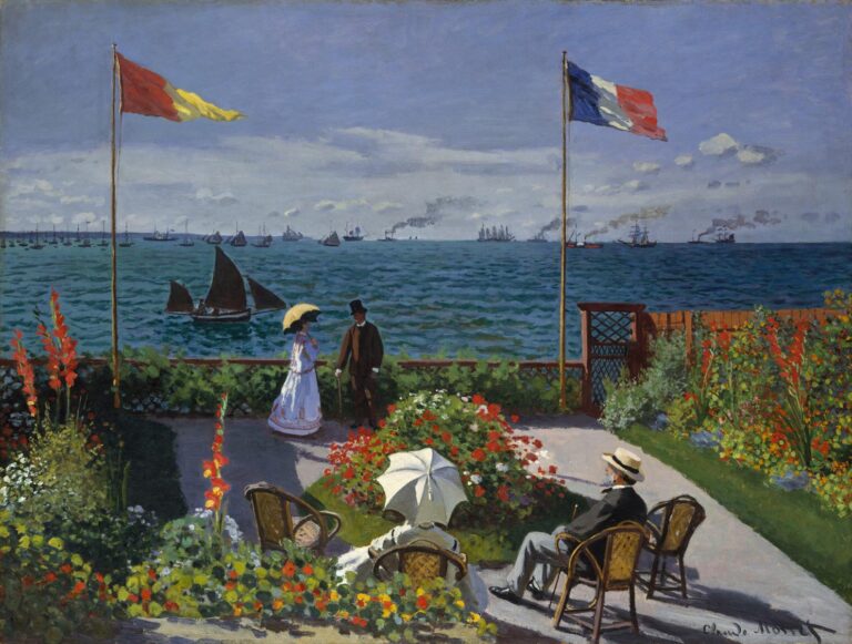 Claude Monet’s 1867 painting “Garden at Sainte-Adresse,” showing a flower filled seaside terrace with elegant figures, flags blowing in the wind, and boats scattered across a bright blue sea.