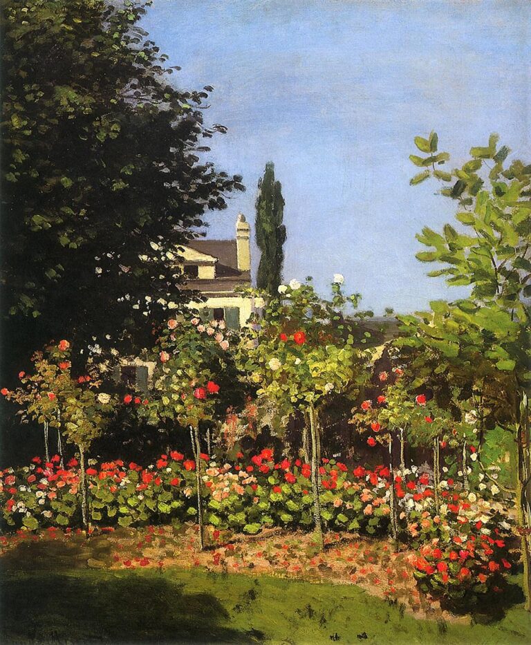 Claude Monet’s 1866 painting “Garden in Bloom at Sainte-Addresse,” showing a sunlit garden filled with red, pink, and white flowers, lush green foliage, a partly hidden house, and a clear blue summer sky.