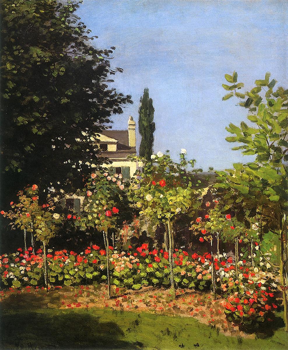 Claude Monet’s 1866 painting “Garden in Bloom at Sainte-Addresse,” showing a sunlit garden filled with red, pink, and white flowers, lush green foliage, a partly hidden house, and a clear blue summer sky.