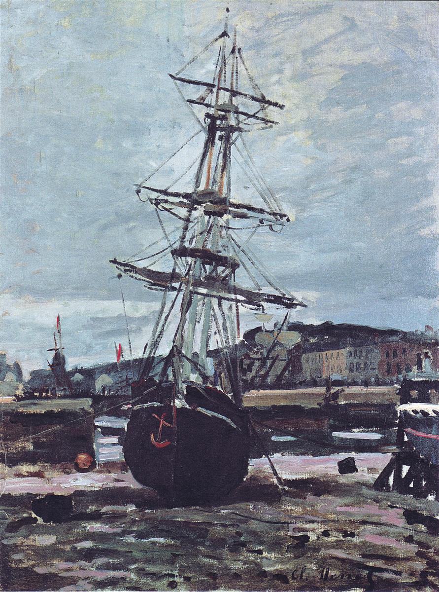 Claude Monet’s “Gestrandetes Boot in Fecamp” shows a large dark grounded boat with a tall mast in a quiet harbor under a pale gray blue sky, surrounded by smaller vessels and waterfront buildings.