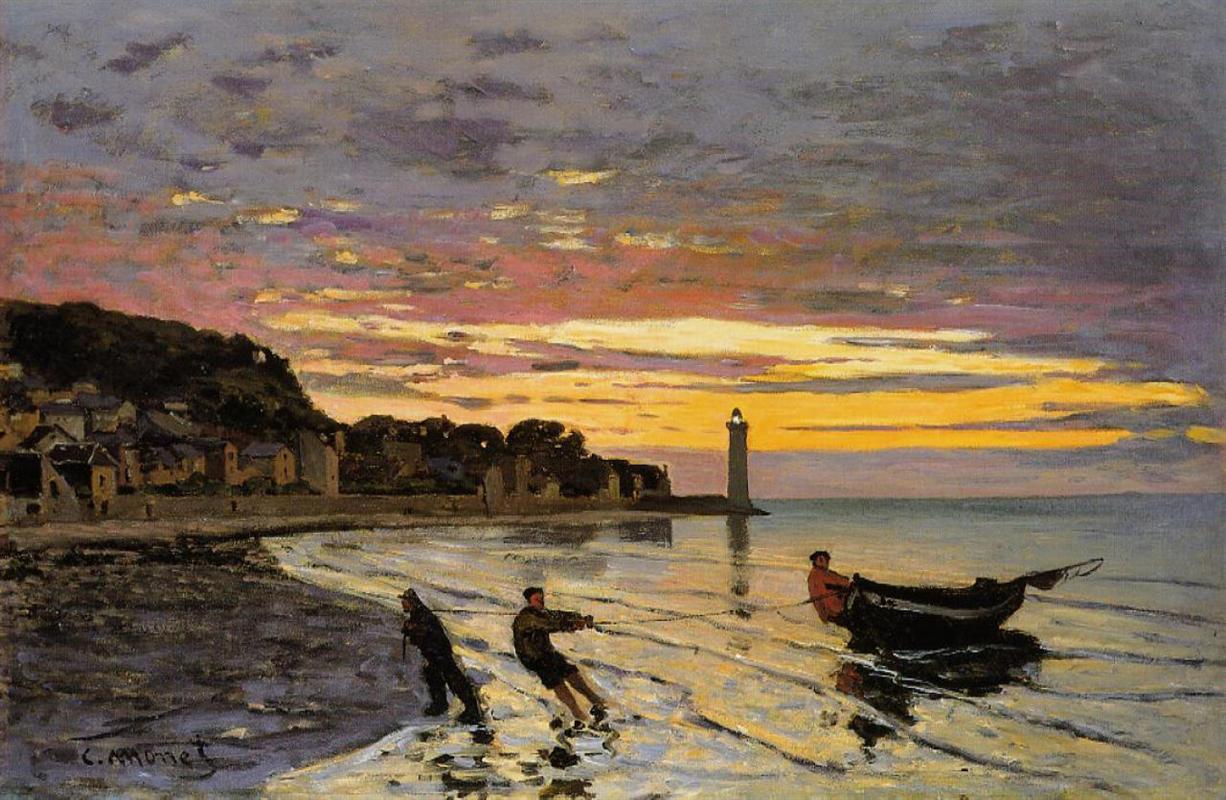 Claude Monet’s Hauling a Boat Ashore, Honfleur shows two figures pulling a dark boat onto a reflective shoreline at sunset, with a glowing yellow and pink sky, calm water, a lighthouse in the distance, and shadowed buildings along the coast.