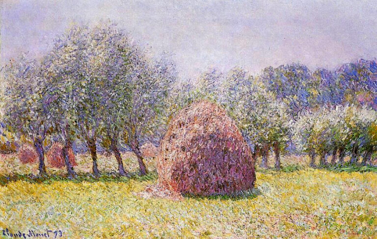 Claude Monet’s “Haystack” showing a large pinkish haystack in a sunlit field surrounded by blossoming trees, painted with soft Impressionist brushwork and pale spring colors.