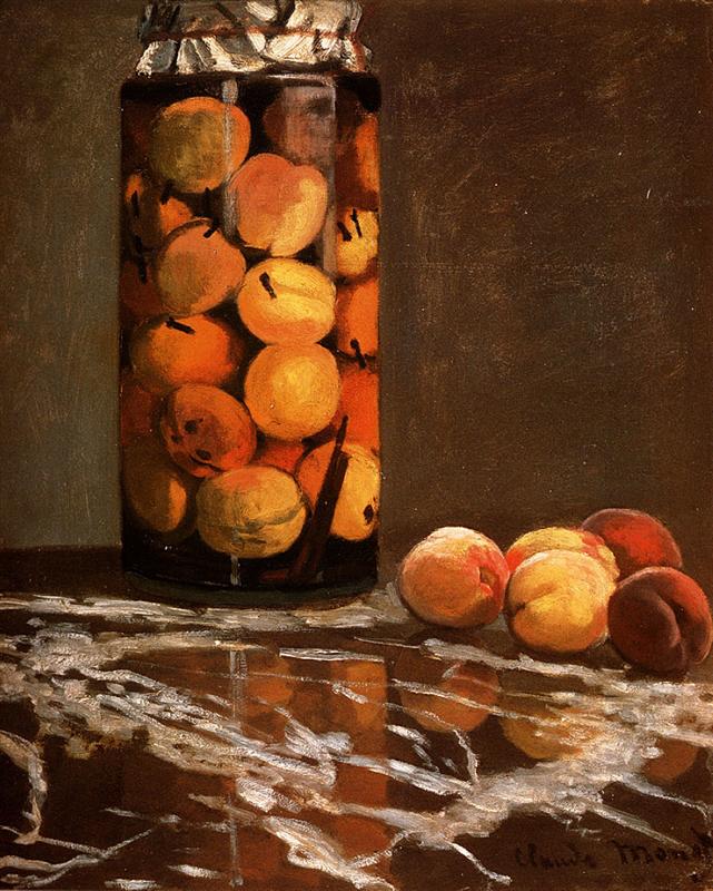 Claude Monet’s “Jar Of Peaches” shows a tall glass jar filled with peaches in dark liquid on a polished stone surface, with several loose peaches beside it against a deep brown background.