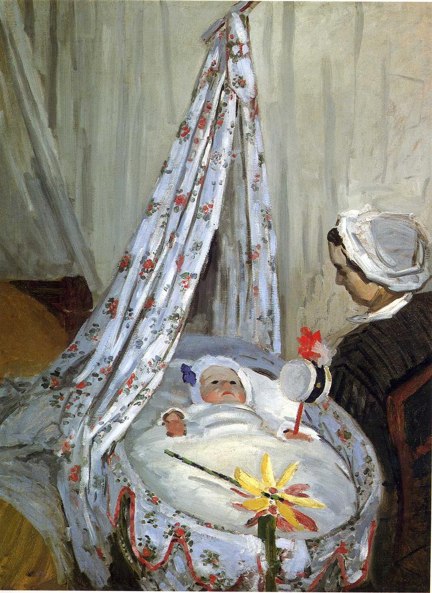 Claude Monet’s Jean Monet in the Cradle shows an infant lying in a white cradle beneath a floral canopy, watched by a seated woman in a dark dress and white bonnet within a quiet, softly painted interior.