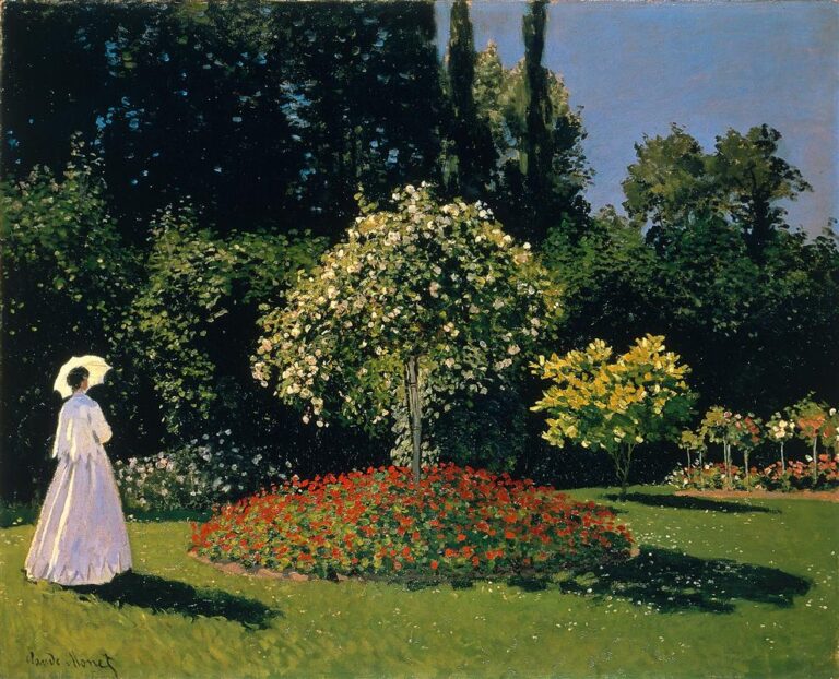 Claude Monet’s 1866 painting “Jeanne-Marguerite Lecadre in the Garden,” showing a woman in a white dress standing on a sunlit lawn beside a circular bed of red flowers and a blooming tree, surrounded by dense green foliage.