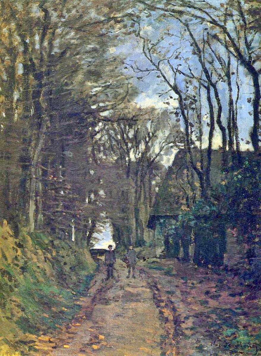 Claude Monet’s Lane in Normandy shows a narrow country road lined with tall trees, a small shadowed house on the right, and two small figures walking beneath a pale blue sky filtered through branches.