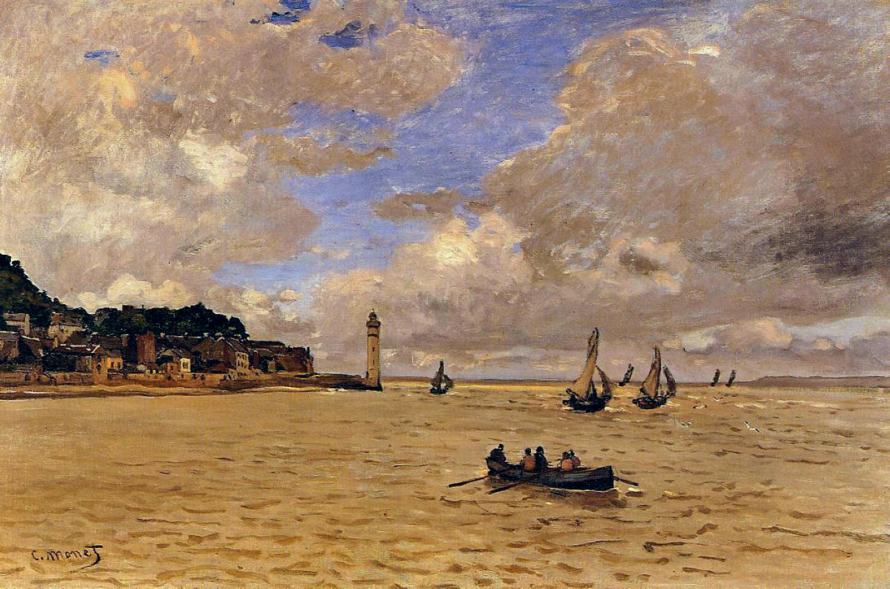 Claude Monet’s Lighthouse at the Hospice shows a wide coastal scene with a lighthouse near the shore, small sailboats and a rowboat on calm water, and a large cloud filled sky illuminated by soft shifting light.