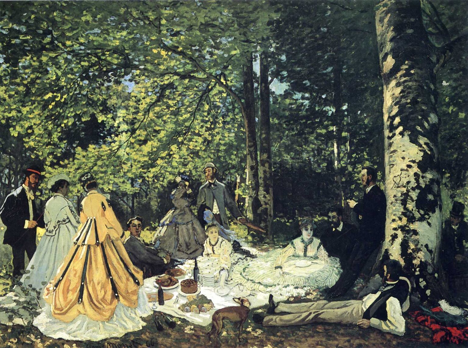 Claude Monet’s “Luncheon on the Grass” shows a fashionable picnic party gathered on a white cloth in a shaded forest, surrounded by tall trees, filtered sunlight, and richly painted green foliage.