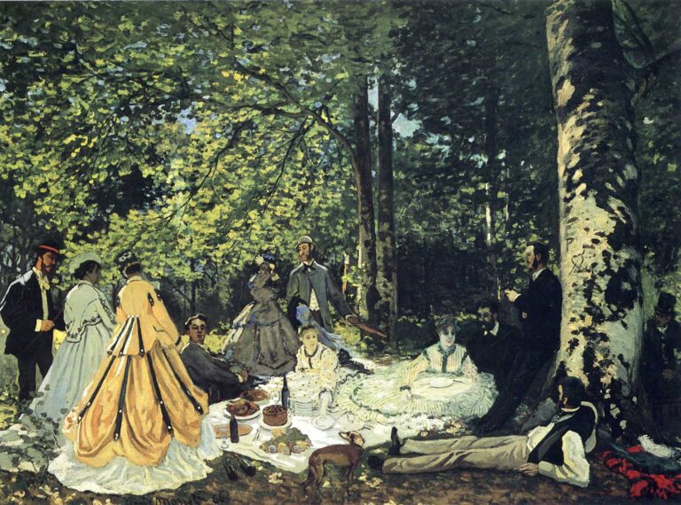 Claude Monet’s “Luncheon on the Grass” shows a fashionable picnic party gathered on a white cloth in a shaded forest, surrounded by tall trees, filtered sunlight, and richly painted green foliage.