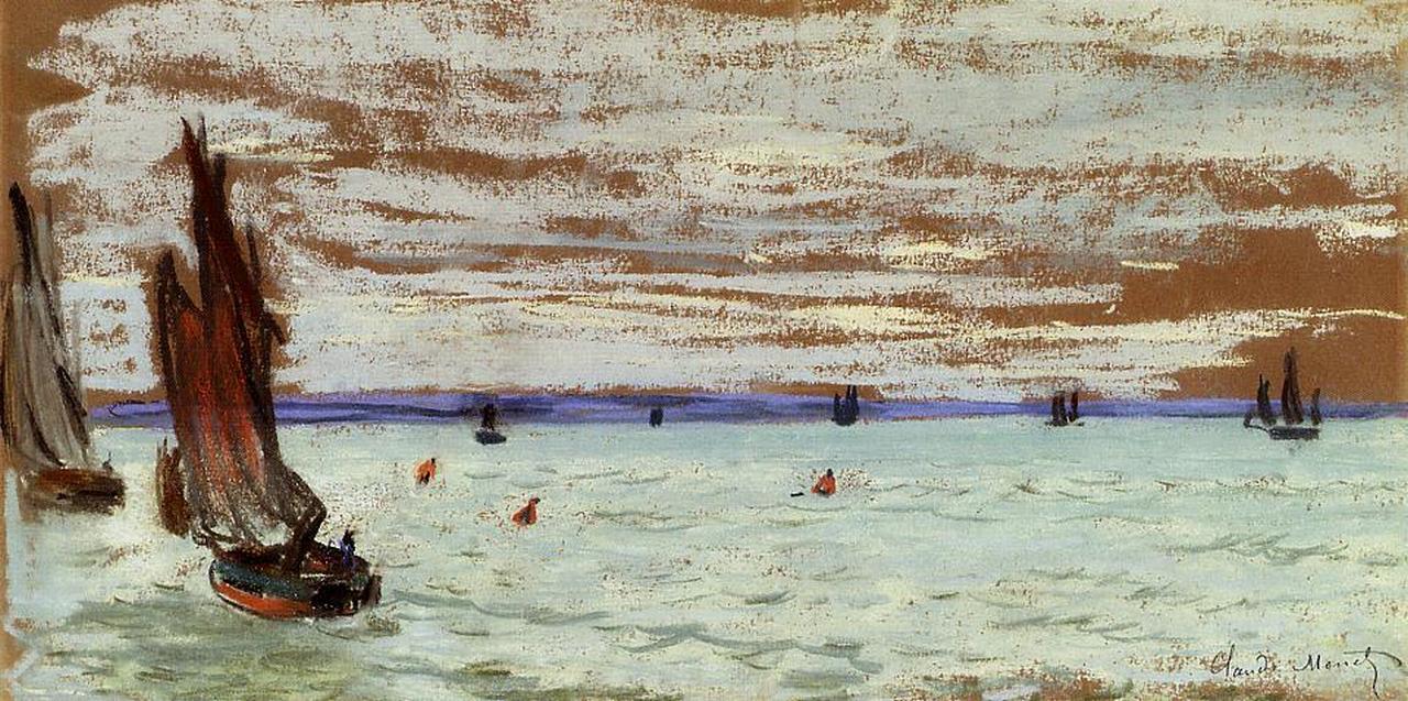 Claude Monet’s Open Sea shows a wide coastal scene with pale green water, a broad textured sky, dark sailboats, and small warm colored figures scattered across the sea.