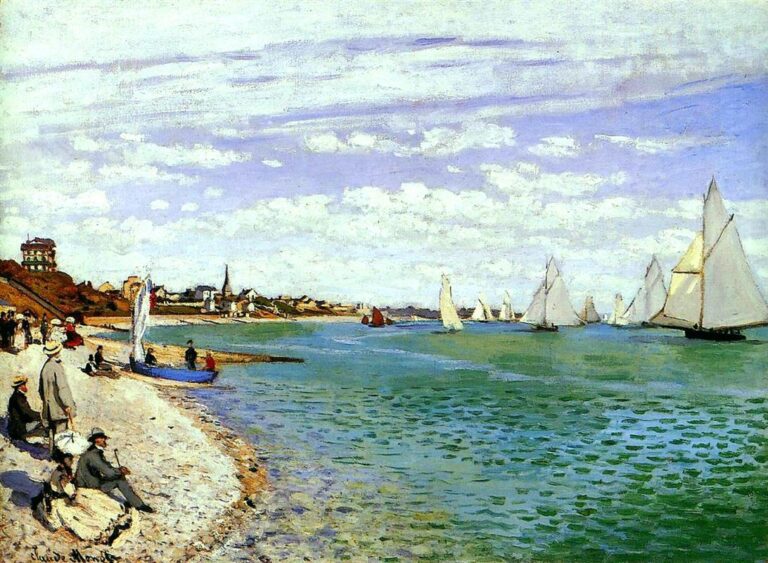 Claude Monet’s “Regatta at Sainte-Adresse” from 1867, showing a pebbled beach with seated and standing figures on the left, sailboats racing across a bright blue and green sea, a distant coastal town, and a wide sky filled with soft clouds.