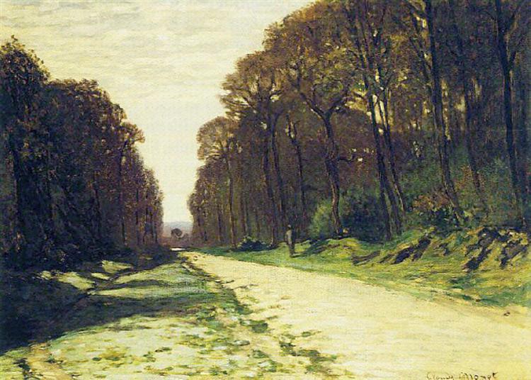 Claude Monet’s “Road in a Forest Fontainebleau” shows a pale sunlit road running through a quiet forest, with tall dark trees on both sides and soft atmospheric light in the distance.