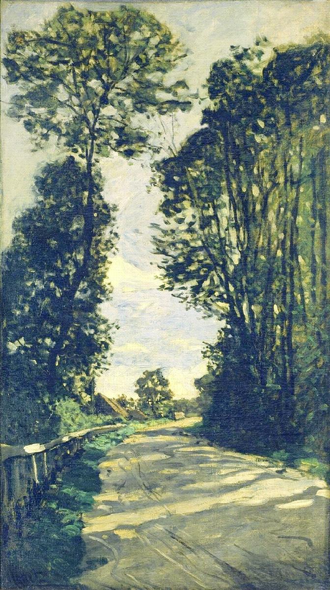 Claude Monet’s Road to the Saint-Simeon Farm (1864), showing a sunlit country road framed by tall dark trees on both sides, with pale sky and distant farm buildings visible through the opening in the landscape.