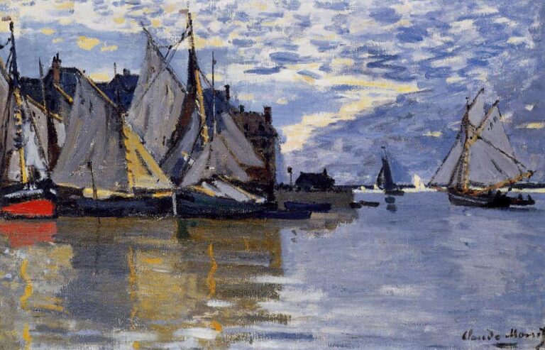 Claude Monet’s “Sailboats” from 1866, showing a calm harbor with several moored sailing boats, pale sails, reflective water, dark shoreline buildings, and a softly clouded blue and gray sky.