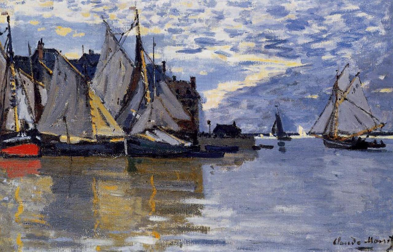 Claude Monet’s “Sailboats” from 1866, showing a calm harbor with several moored sailing boats, pale sails, reflective water, dark shoreline buildings, and a softly clouded blue and gray sky.