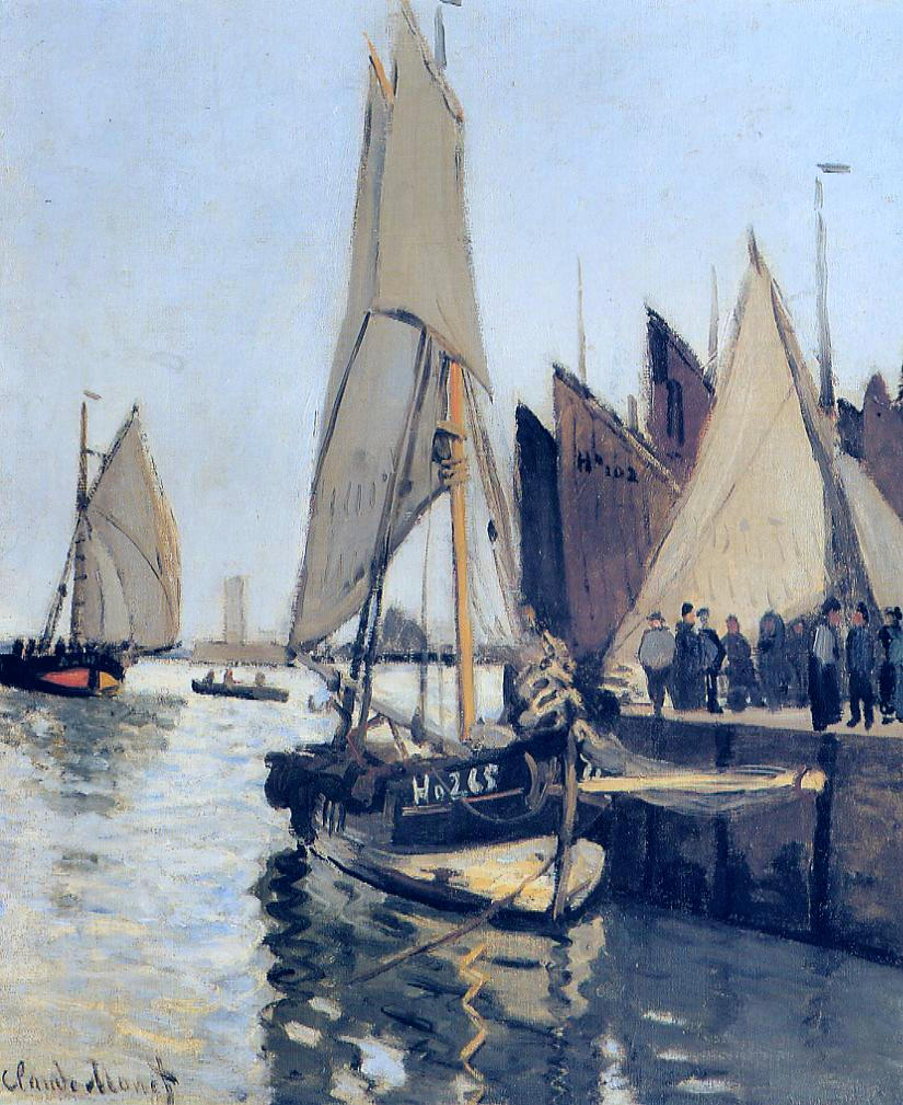Claude Monet’s 1866 painting Sailing Boats at Honfleur, showing several sailboats moored in a quiet harbor with pale sails, dockside figures, reflective water, and a cool, misty coastal atmosphere.