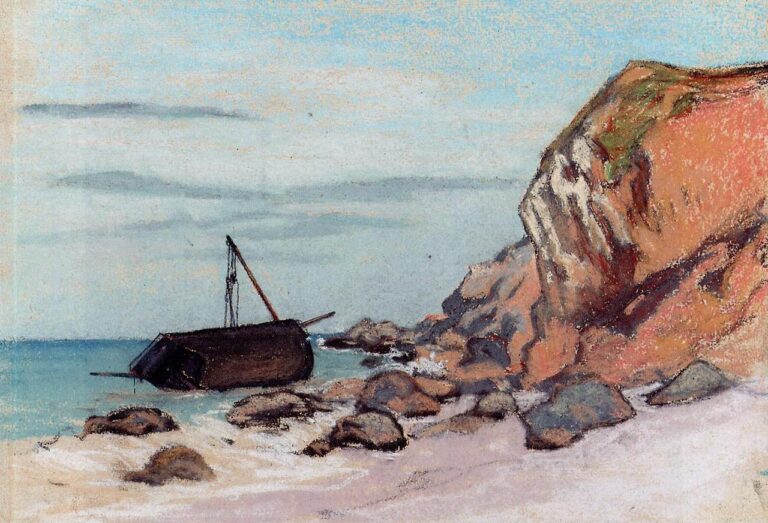 Claude Monet’s “Saint-Adresse, Beached Sailboat” shows a dark sailboat resting near the shore beside a rocky beach and a large warm-toned cliff, with calm blue water and a pale clouded sky in the background.