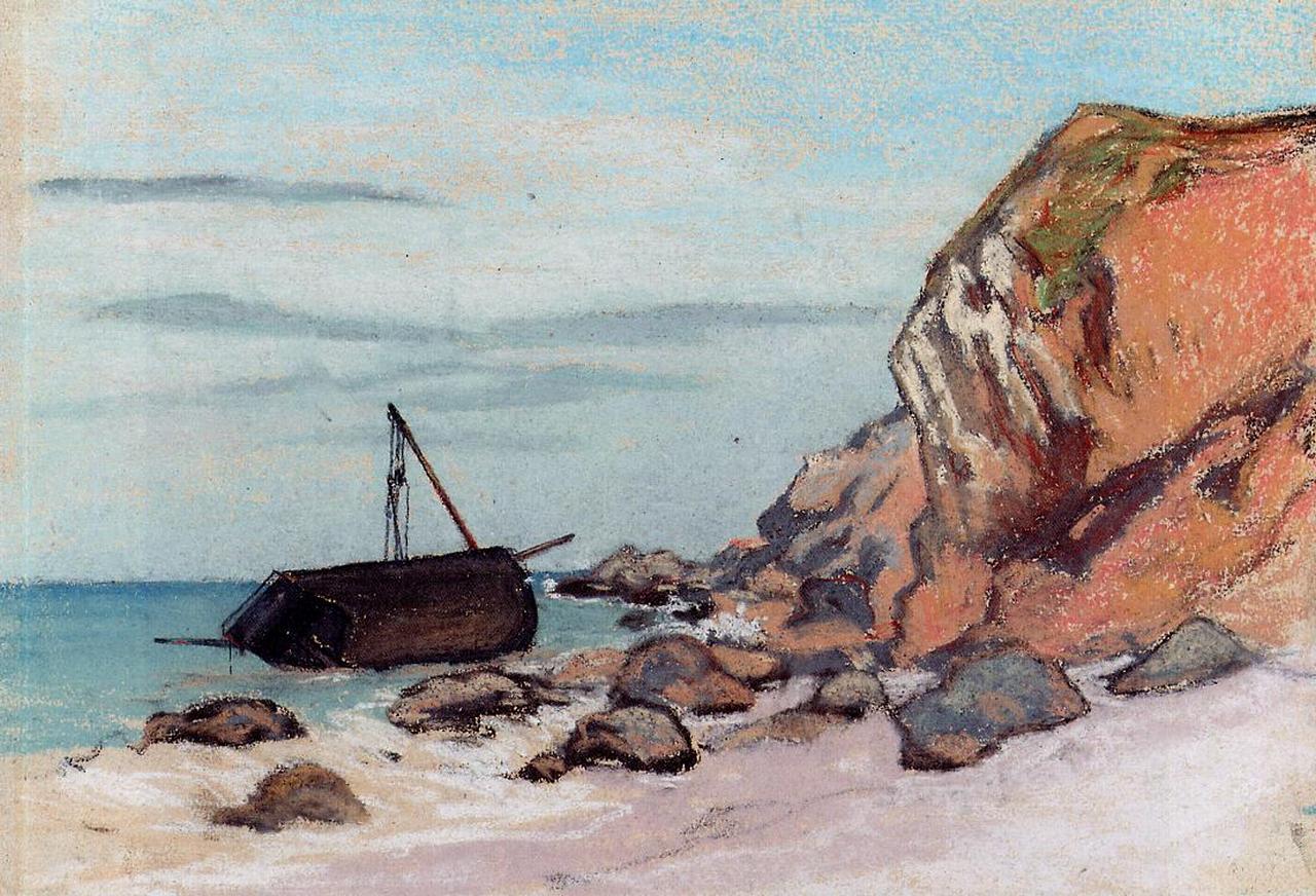 Claude Monet’s “Saint-Adresse, Beached Sailboat” shows a dark sailboat resting near the shore beside a rocky beach and a large warm-toned cliff, with calm blue water and a pale clouded sky in the background.