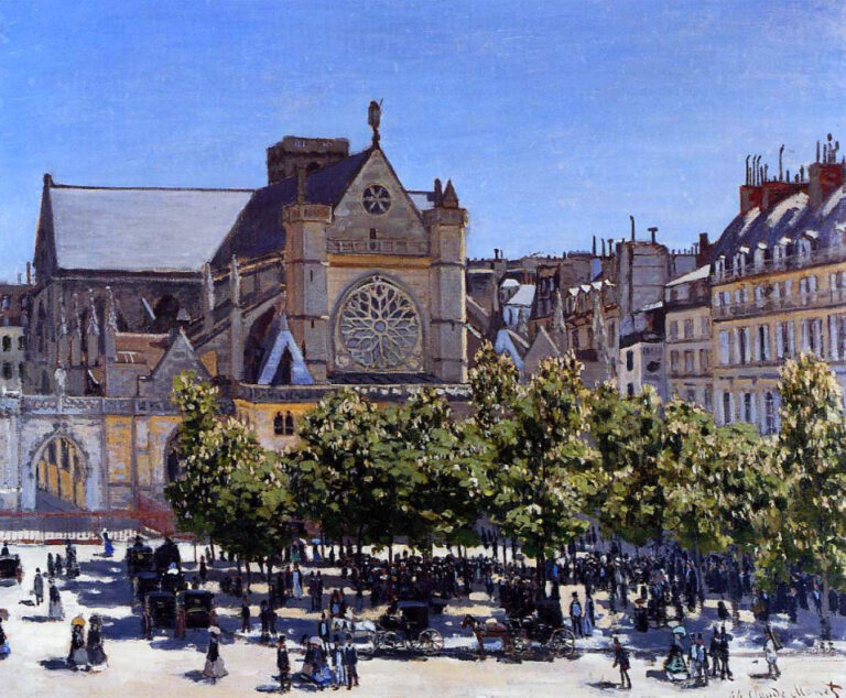 Claude Monet’s Saint Germain l'Auxerrois, painted in 1867, showing the Paris church rising behind a row of leafy trees, with pedestrians and carriages scattered across a bright sunlit square beneath a clear blue sky.