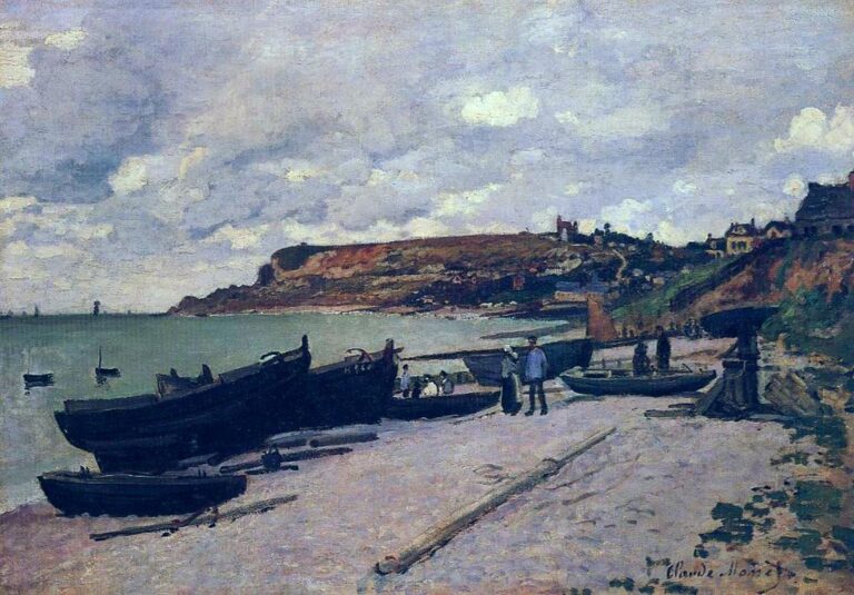 Claude Monet’s Sainte-Adresse, Fishing Boats on the Shore shows dark fishing boats resting on a pale beach beneath a cloudy sky, with small figures, calm water, and a distant coastal settlement in Normandy.