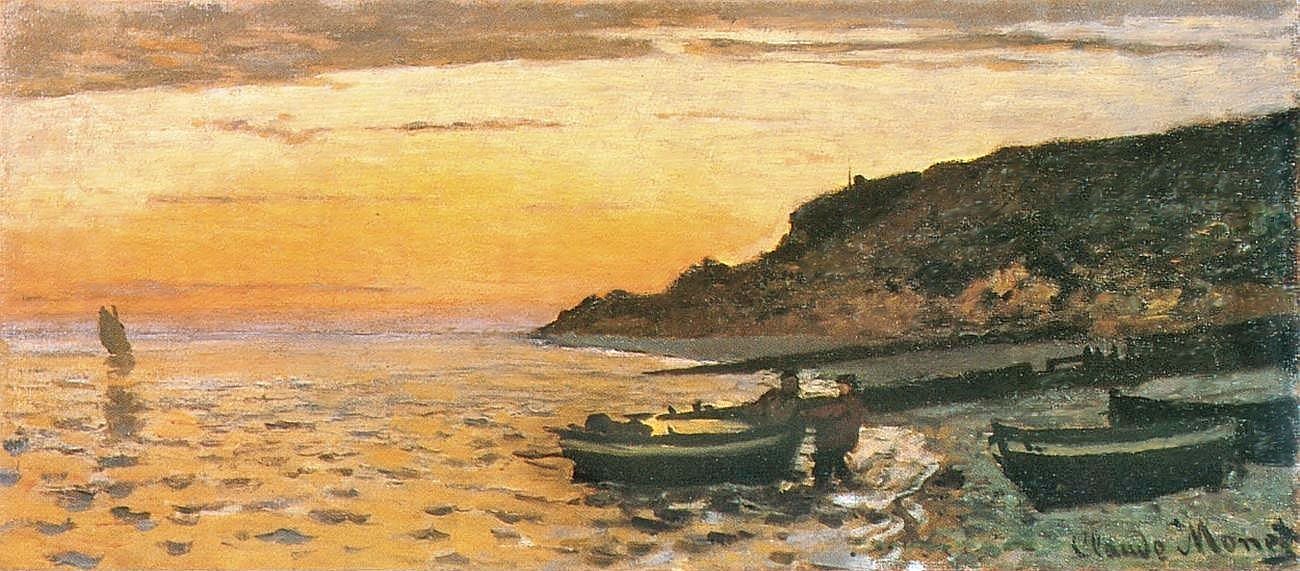 Claude Monet’s Seacoast at Saint-Adresse, Sunset shows a calm shoreline at dusk with dark boats near the water, a glowing golden sky, shimmering reflections across the sea, and a shadowed coastal cliff at right.