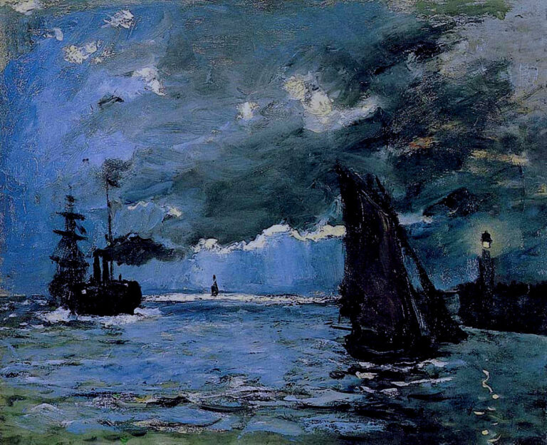 Claude Monet’s “Seascape, Night Effect” shows dark sailing vessels crossing a moonlit or dimly illuminated sea beneath a dramatic cloud filled night sky, rendered in deep blue, gray, and black tones with flickering highlights on the water.