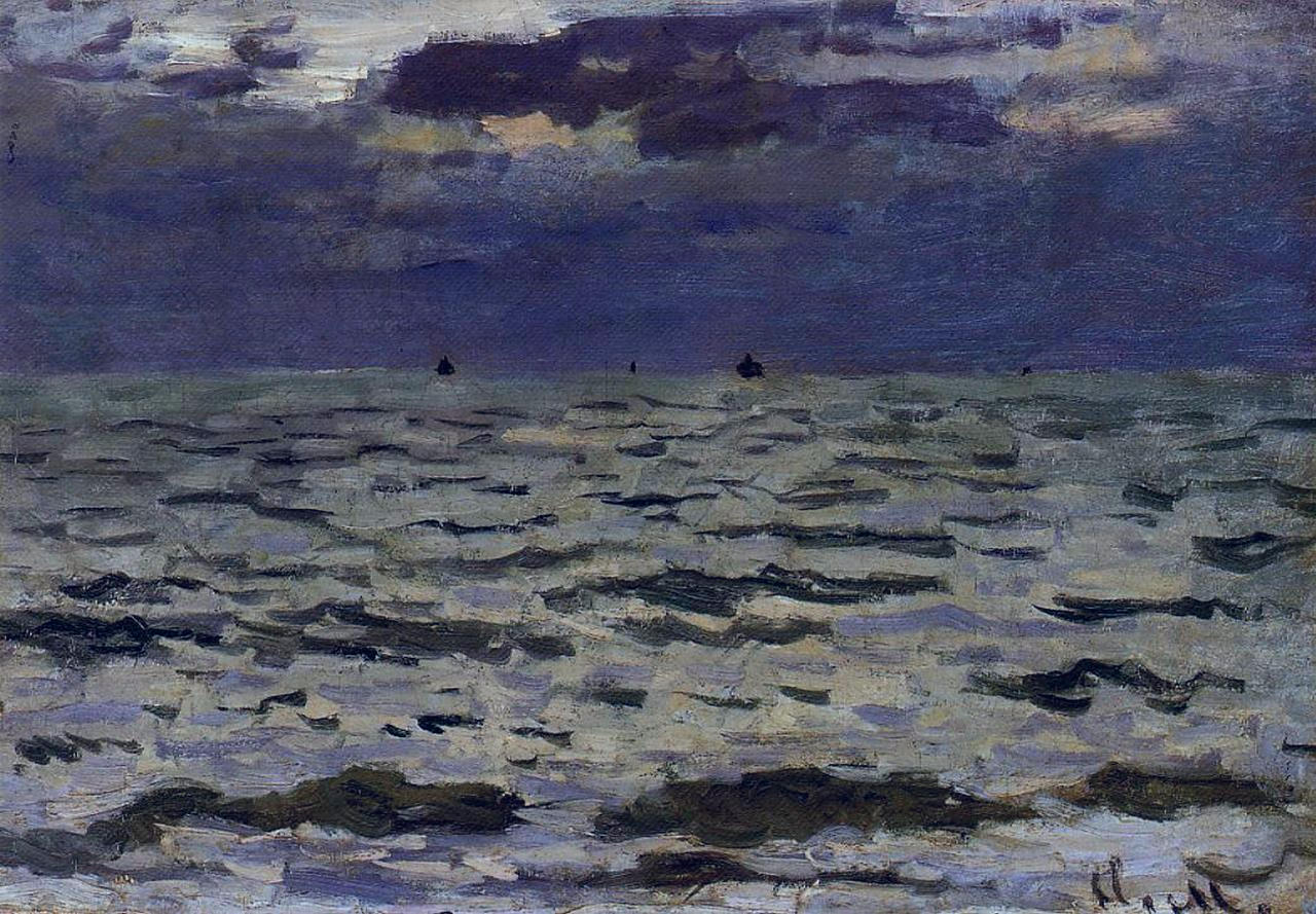 Claude Monet’s “Seascape” from 1866, showing a dark cloud filled sky above a silvery gray sea with small distant boats near the horizon and loose painterly brushwork throughout.