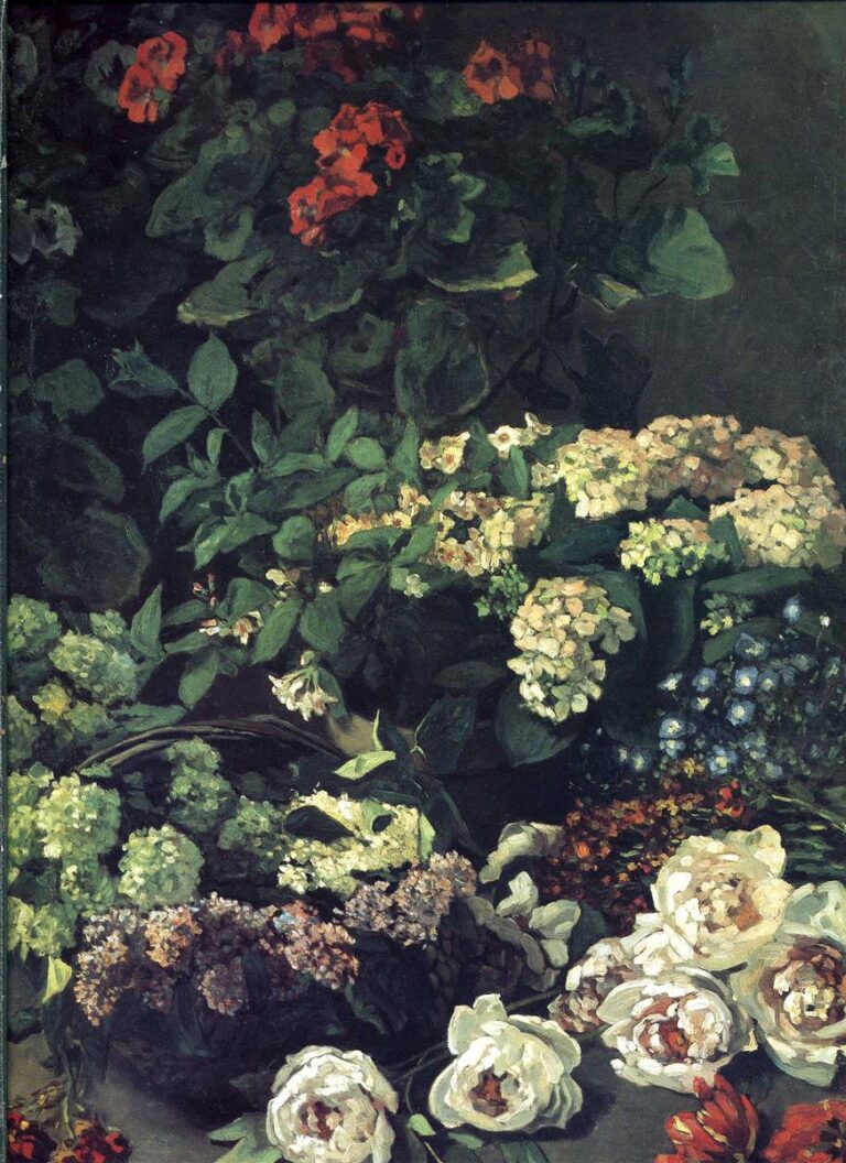 Claude Monet’s “Spring Flowers” (1864), a dark floral painting filled with white, cream, blue, and red blossoms arranged among dense green leaves and deep shadow, creating a rich and intimate spring garden scene.