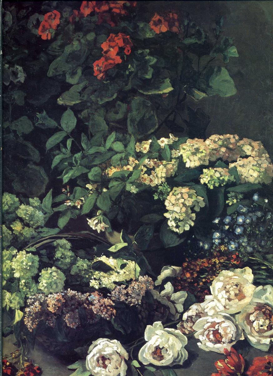 Claude Monet’s “Spring Flowers” (1864), a dark floral painting filled with white, cream, blue, and red blossoms arranged among dense green leaves and deep shadow, creating a rich and intimate spring garden scene.