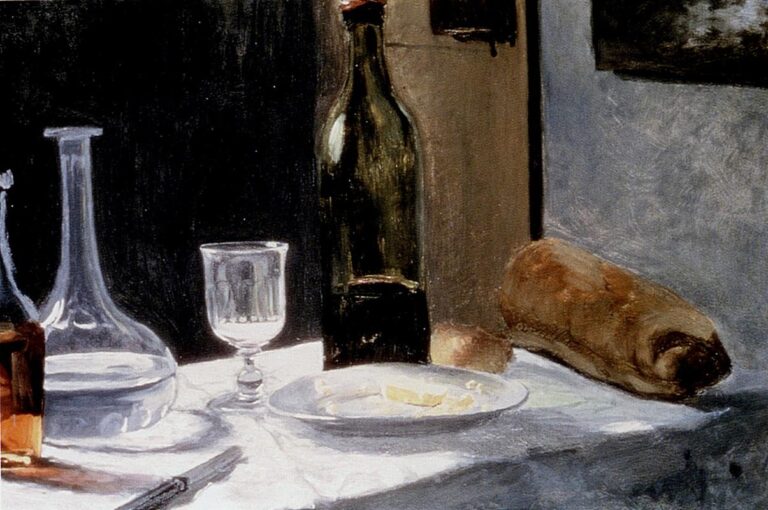 Claude Monet’s “Still Life With Bottles” shows a white tablecloth with a glass decanter, goblet, dark wine bottle, plate, onion, and loaf of bread arranged in a dim interior with soft light and muted tones.