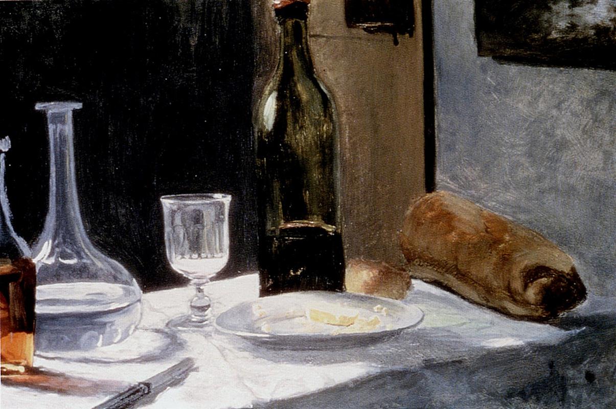 Claude Monet’s “Still Life With Bottles” shows a white tablecloth with a glass decanter, goblet, dark wine bottle, plate, onion, and loaf of bread arranged in a dim interior with soft light and muted tones.