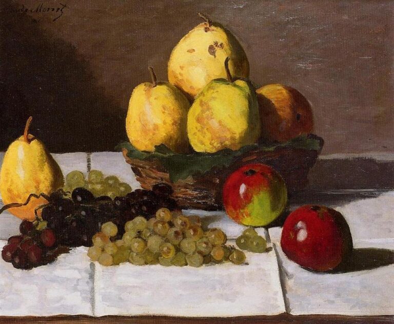 Claude Monet’s 1867 still life painting showing yellow pears in and around a basket, pale and dark grapes spread across a white tablecloth, and two red apples set against a dark brown background.
