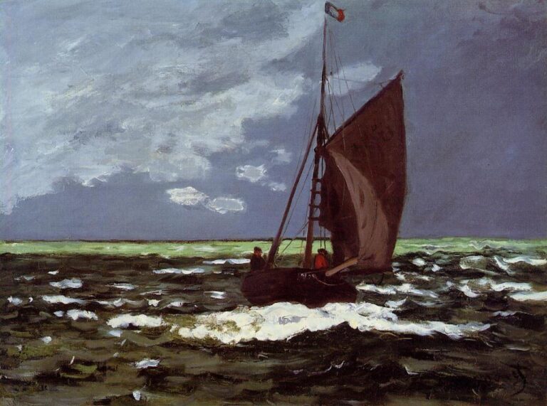 Claude Monet’s “Stormy Seascape” shows a small dark sailboat struggling across choppy water beneath a vast gray storm-filled sky, with white foam and a greenish band of light along the horizon.