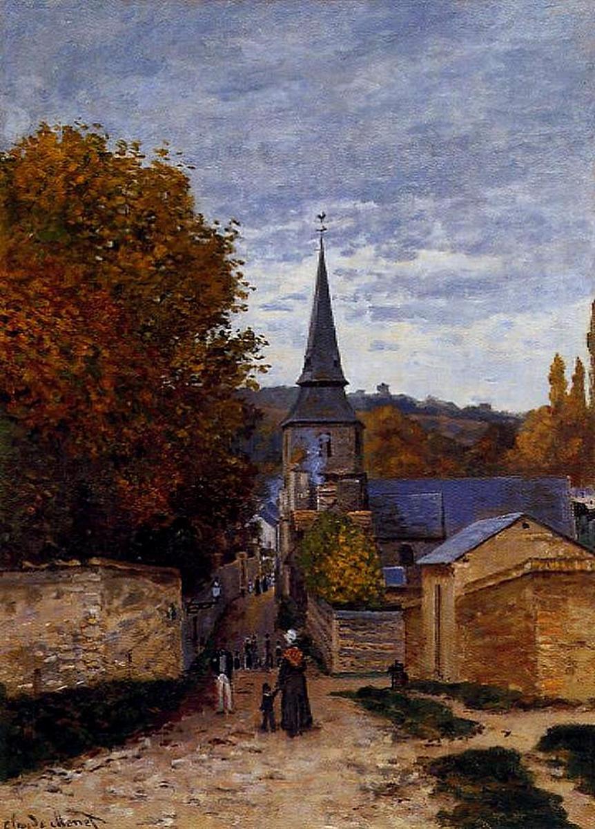 Claude Monet’s “Street in Saint-Adresse” shows a sloping village road leading toward a church steeple, framed by autumn trees, modest houses, small walking figures, and a wide blue gray sky.