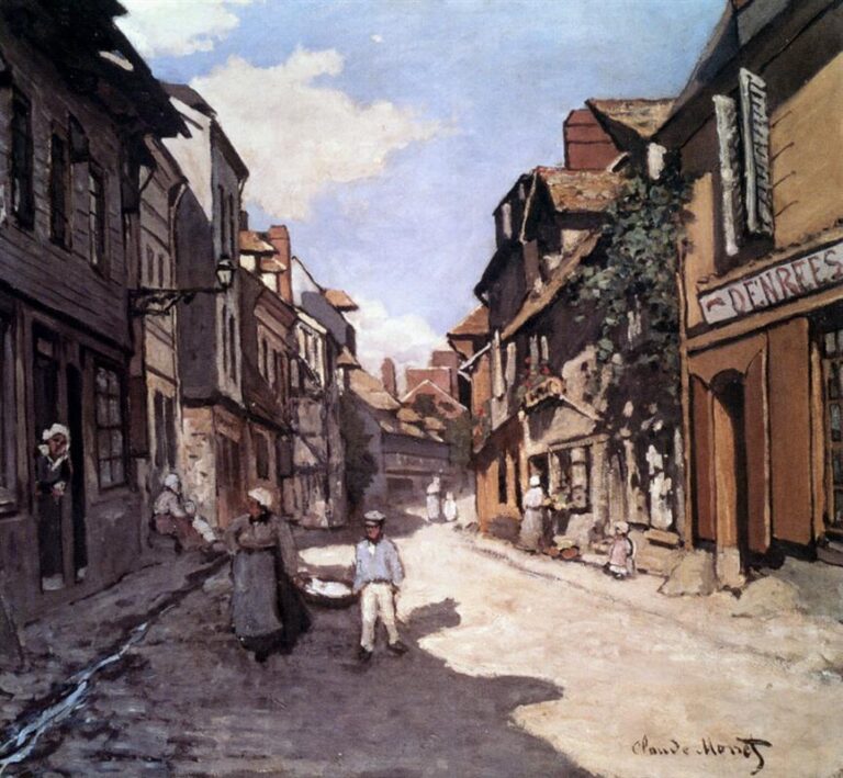 Claude Monet’s 1864 painting “Street of the Bavolle Honfleur,” showing a narrow sunlit street in Honfleur lined with old buildings, deep shadows, scattered townspeople, and a bright blue sky with soft clouds.