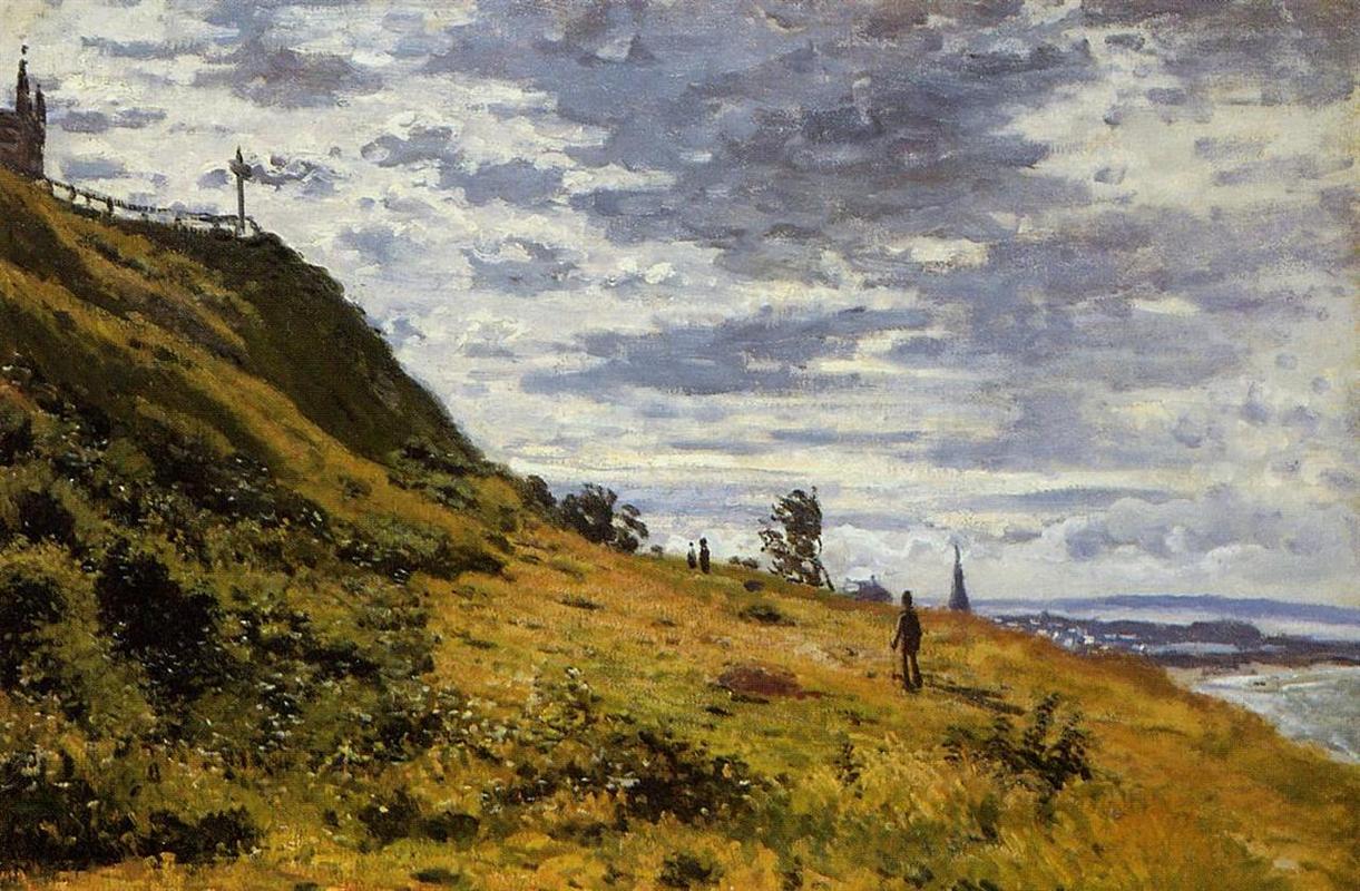 Claude Monet’s “Taking a Walk on the Cliffs of Sainte-Adresse” shows a grassy cliff under a cloud filled sky, with small walking figures and a distant view of the sea along the Normandy coast.
