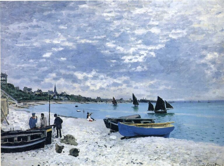 Claude Monet’s The Beach at Sainte-Adresse, painted in 1867, showing a bright Normandy shoreline with boats on a pale beach, dark sails on calm blue water, small figures near the shore, and a vast cloud filled sky.