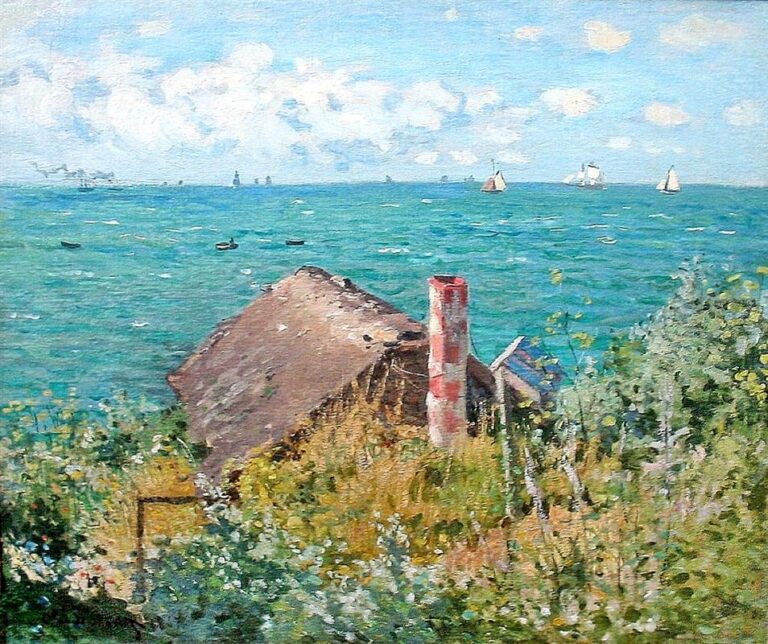 Claude Monet’s The Cabin at Saint-Adresse, painted in 1867, showing a small coastal cabin surrounded by wild grasses and flowers above a bright turquoise sea with sailboats on the horizon under a soft blue sky.